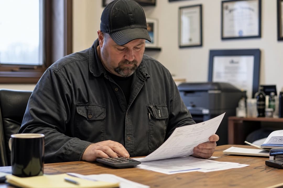 Shop owner reviewing invoices and pricing at a desk
