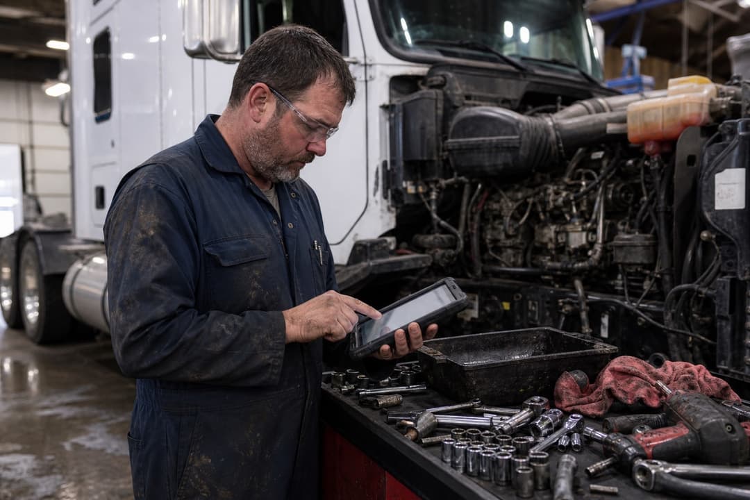 Technician using a tablet on the diesel shop floor