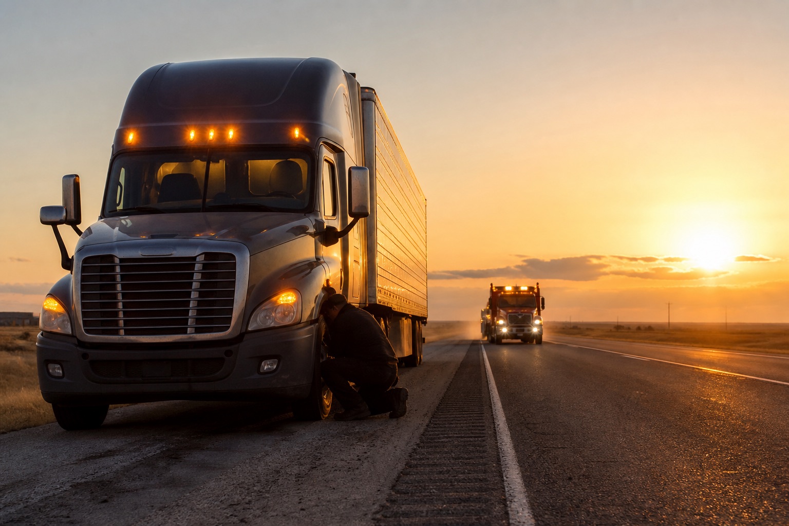 Semi-truck on a highway shoulder at golden hour
