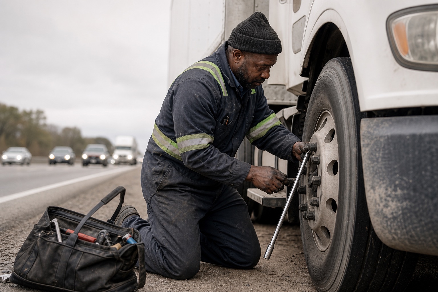 Mobile diesel repair on a highway shoulder
