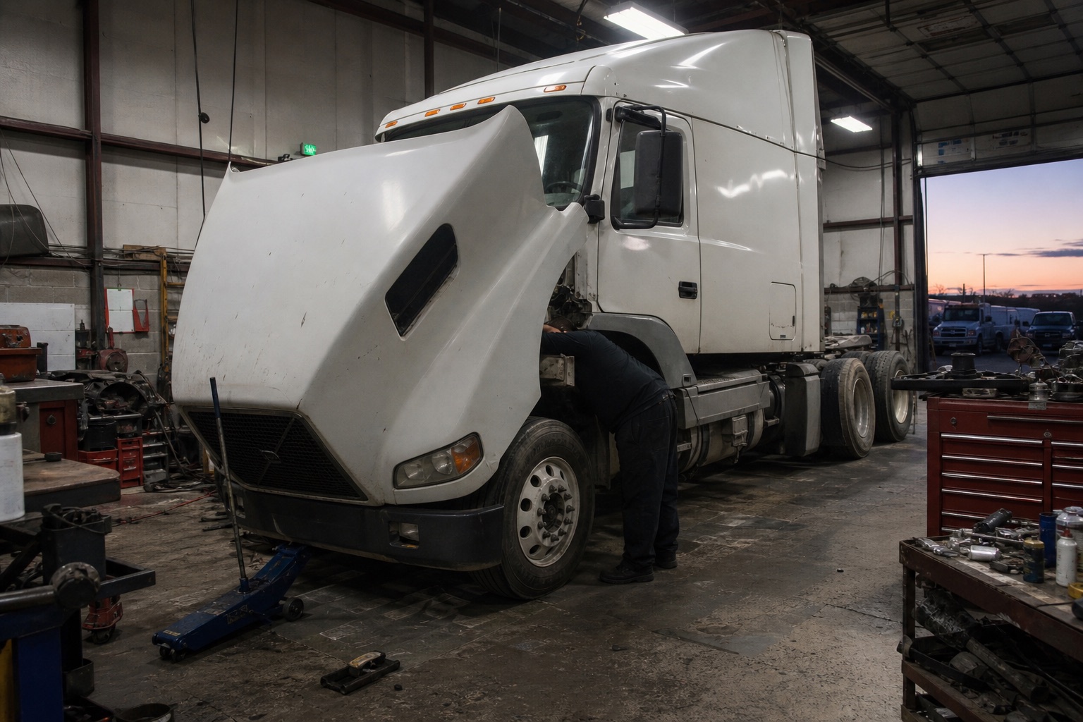 Class 8 tractor in a working heavy-duty diesel shop bay